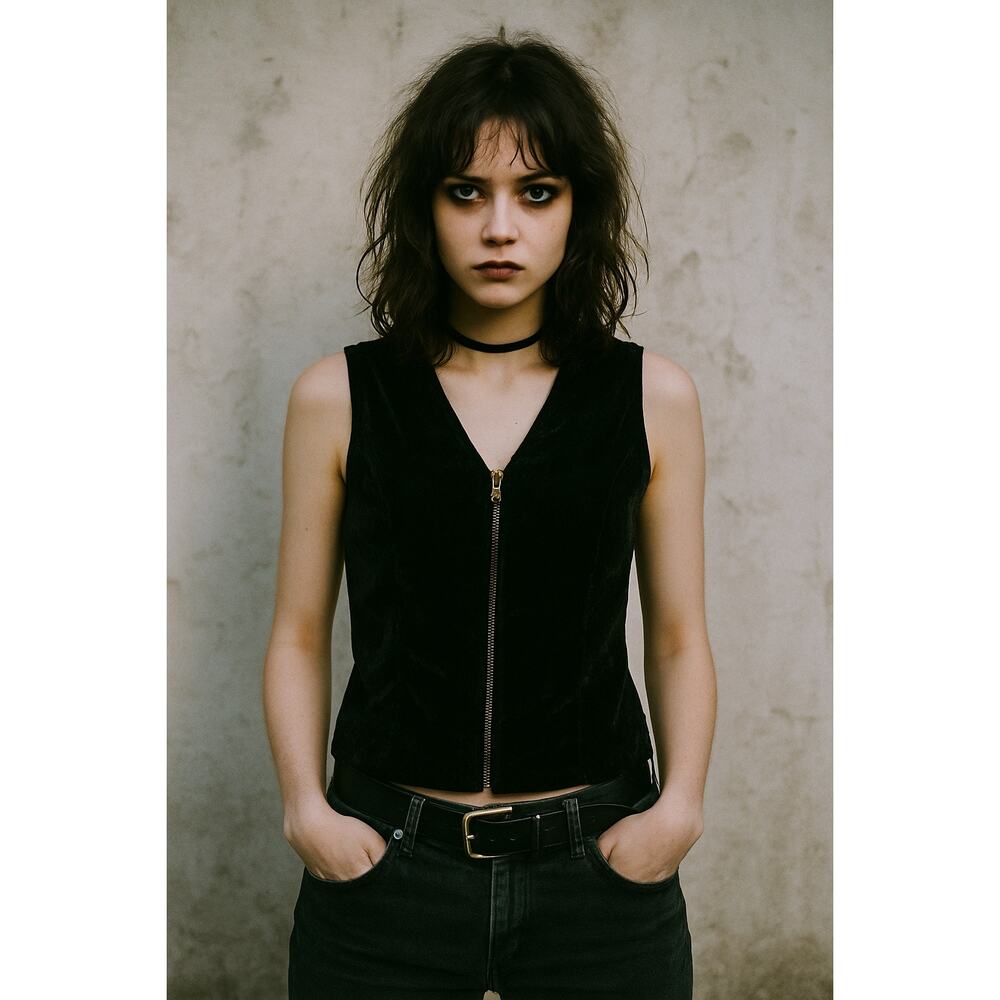 Vintage 90s Rafaella Withcy Black Velvet Whimsigoth V Neck ZipUp Vest Size 8